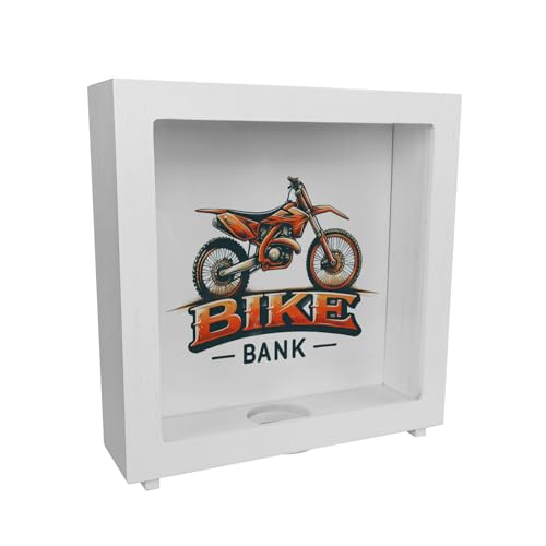 Motocross-Motorrad Rahmen Spardose aus Holz mit Spruch Bike Bank Perfekte Offroad-Rahmen Spardose aus Holz im Motocross-Motorrad-Design in orange-schwarz mit coolen Schriftzug