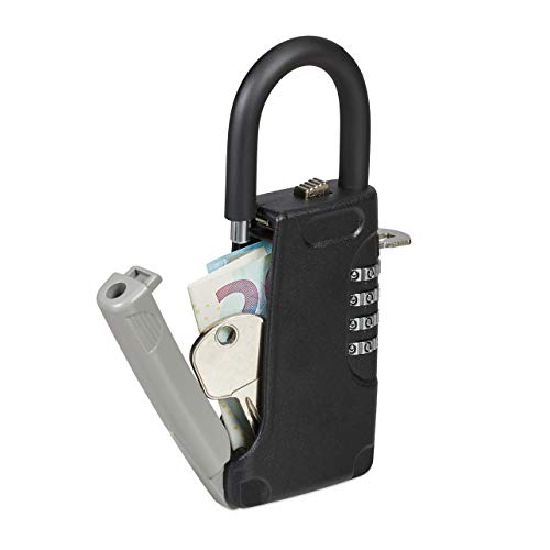 Relaxdays Schlüsseltresor mit Bügel, 4-stelliger Zahlencode, außen, Schlüsselsafe klein, HxBxT: 14,5 x 6 x 2 cm, schwarz, 1 stück, 10028713