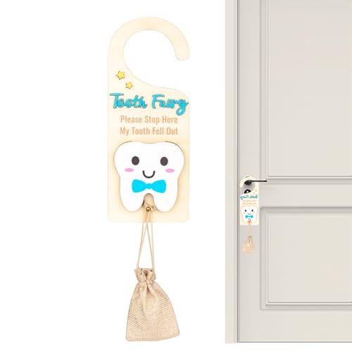 Moxeupon Halter, Holzmärchen -Türstarung | Verlorene Zähne Pickup Box mit Geldschlitz - Nettes hölzerne Souvenir, ermutigen Sie das Andenken mit Tasche für und Mädchen