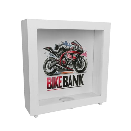 Rennmotorrad Rahmen Spardose aus Holz mit Spruch Bike Bank Sportlich Renn Motorrad Rahmen Spardose aus Holz in Schwarz-Rot Schnell Geschwindigkeit und Stil in einem