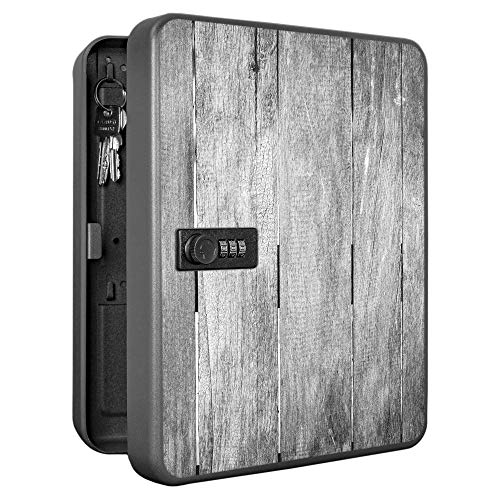 banjado Burg-Wächter abschließbarer Schlüsselkasten für 36 Schlüssel/Schlüsselkasten mit Zahlenschloss 24x30x8cm groß/Schlüsselschrank aus Stahlblech schwarz/Motiv Holz Monochrom