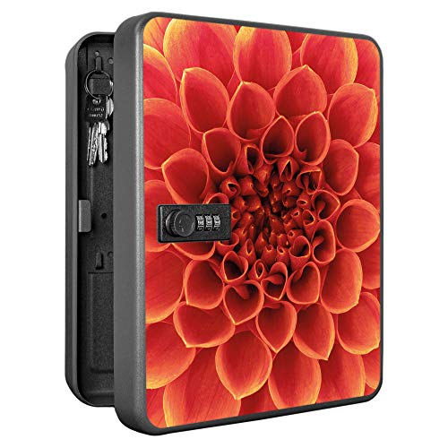 banjado Burg-Wächter abschließbarer Schlüsselkasten für 36 Schlüssel/Schlüsselkasten mit Zahlenschloss 24x30x8cm groß/Schlüsselschrank aus Stahlblech schwarz/Motiv Orange Chrysantheme