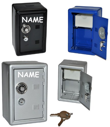 Spardose Tresor Schrank blau/schwarz/grau - mit Schlüssel - incl. Namen - stabile Sparbüchse für die Reisekasse aus Metall - Safe Tresorschrank Geld Spars..