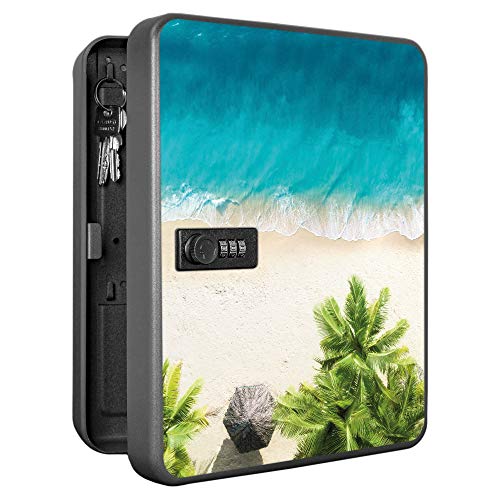banjado Burg-Wächter abschließbarer Schlüsselkasten für 36 Schlüssel/Schlüsselkasten mit Zahlenschloss 24x30x8cm groß/Schlüsselschrank aus Stahlblech schwarz/Motiv Strandtag