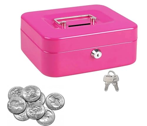 Mini Geldkassette mit Schloss, Kleiner Tresor Spardose, 11,5 x 8,5 x 5,8 cm, Rosa