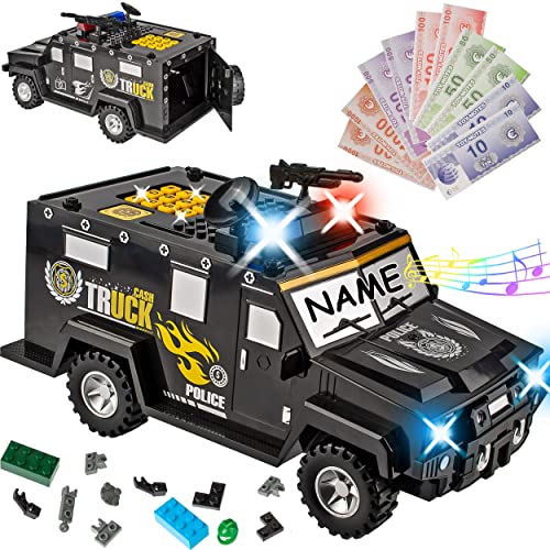 alles-meine.de GmbH elektronische Spardose - Geldtransporter Polizei - mit Fingerabdruck + Zahlenkombination/Passwort + Sound + Licht - incl. Name - digitaler Tresor Sparschwei..