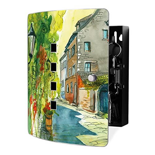 banjado Design Schlüsselkasten aus Edelstahl für 10 Schlüssel/Schlüsselbox zur Schlüsselaufbewahrung 24 x 21,5 x 7cm groß mit praktischem Magnetverschluss/Motiv Historischer Stadtkern