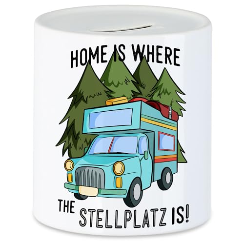 Hey!Print Camping Tasse mit Spruch Home is Where The Stellplatz is Geschenk für Camper Wohnmobil Adventure Womo Spardose
