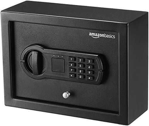 Amazon Basics – Safe, klein, schlank, für Schreibtischschublade, mit programmierbarem elektronisch Tastenfeld, schwarz, 30 cm B x 21.8 cm T x 11.2 cm H