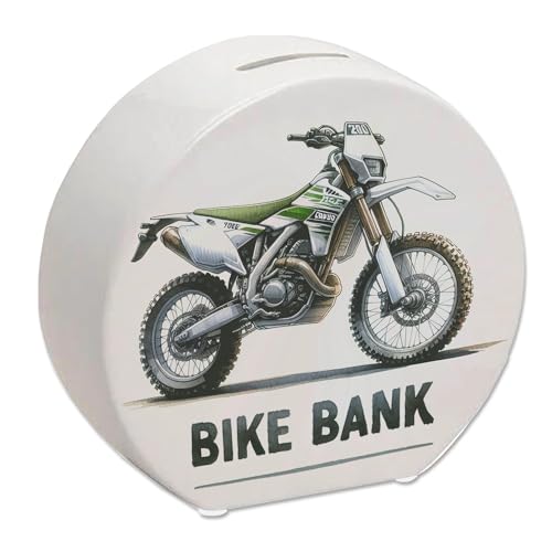 Enduro Motorrad Spardose mit Spruch Bike Bank weiß hellgrün Offroad Maschine Perfekt für Fahrzeug-Liebhaber Text in coolem Design