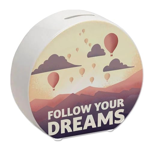 Follow Your Dreams Spardose mit Heißluftballons und Sonnenuntergang Sparbüchse aus Keramik mit modernem Motiv und inspirierendem Spruch