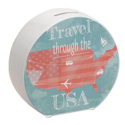Spardose mit USA Karte und Spruch - travel Through USA als Geschenk für Urlauber die durch USA Reisen wollen und Geld für den Flug und die Unterkunft brauchen