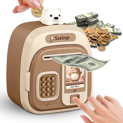 Elektronische Spardose Kinder Mädchen Jungen, Tresor Kinder Piggy Bank Mit Fingerabdruck, Elektronische Tresor Spardose Mit Musik, ATM Elektronische Münze Geldbank Spardosen (Hellbraun)