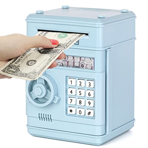 Highttoy Spardose für Kinder ab 3 Jahre,Elektronische Spardose Tresor Kinder Sparschwein mit Code ATM Spardosen Piggy Bank Geldautomat Sparbox Geschenk ab 3 Jahre Jungen Hellblau