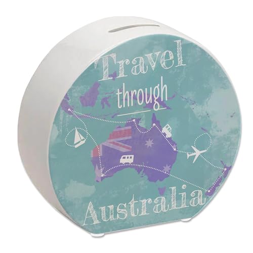 Spardose mit Australien Karte und Spruch - travel Through Australien als Geschenk für Urlauber die durch Australien Reisen wollen und Geld für den Flug und die Unterkunft brauchen