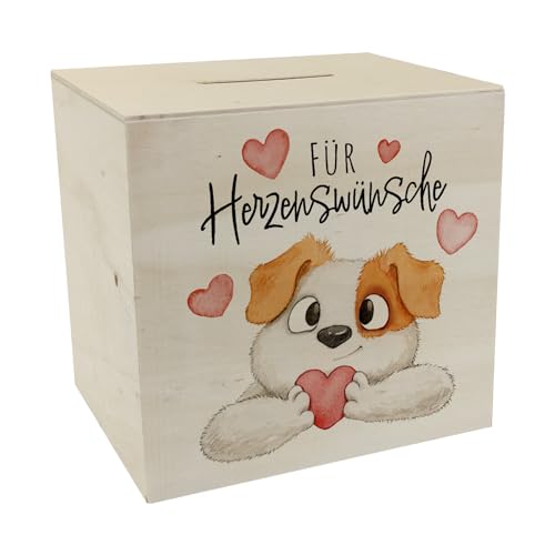 Hund Spardose aus Holz mit Spruch Für Herzenswünsche Haustier-Liebe Geschenk für Hundemensch Terrier-Fans Herzen verbinden Freundschaft Geburtstag