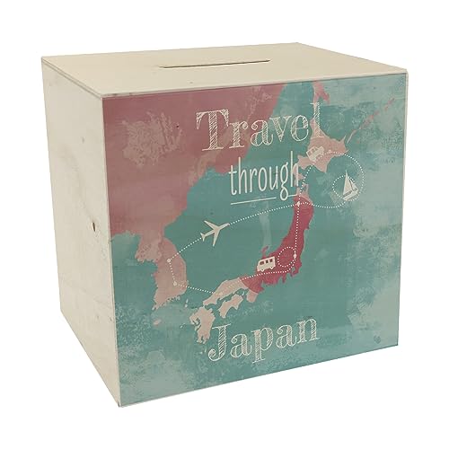 Spardose aus Holz mit Japan Karte und Spruch - travel Through Japan als Geschenk für Urlauber die durch Japan Reisen wollen und Geld für den Flug und die Unterkunft brauchen