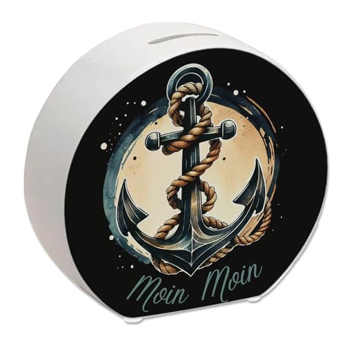 Anker mit Seil Spardose mit Spruch Moin Moin Eisenanker Umschlungenes Seil Marine Nautik Schiff Boot Dekorative Sicherung