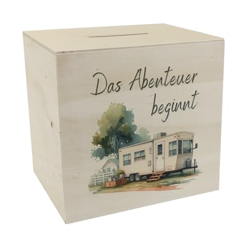 Abenteuer Wohnwagen Spardose aus Holz mit Spruch Das Abenteuer beginnt Wohnmobil-Sammlerstück Anhänger für Campingfans mobiles Heim