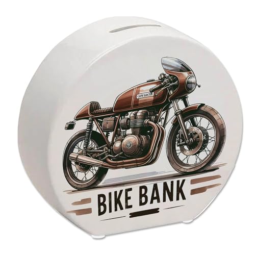 Cafe Racer Motorrad Spardose mit Spruch Bike Bank Cafe-Racer in Braun Retro Design