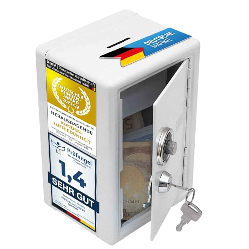 GOODS+GADGETS Spardose Mini-Tresor Safe Sparschwein Sparbüchse Geldkassette mit Zahlenschloss; originaler Tresor aus Metall, Weiß
