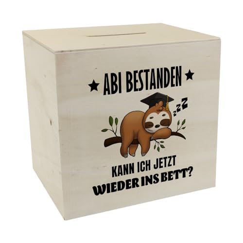 Abi bestanden Faultier Spardose aus Holz mit Spruch zurück ins Bett Abschlussgeschenk Abitur Faultier-Style faul nach Prüfung Schule vorbei TV Relax