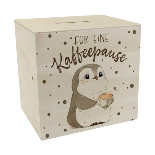 Pinguin mit Cappuccino Spardose aus Holz mit Spruch Für eine Kaffeepause EIN buntes Sparschwein als Kaffeekasse Geburtstag Kollege Kaffeepause Sparbüchse Pause sparen Kaffee