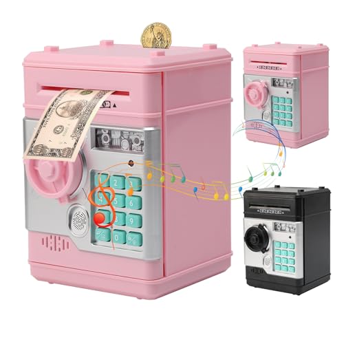 Gevvnss Kinder Tresor Elektronische Piggy Bank,Mini ATM Spardose mit Code und Fingerabdruck Unlocking Simulation,Automatischem Geldeinzug und realistischen Soundeffekten,Hellrosa