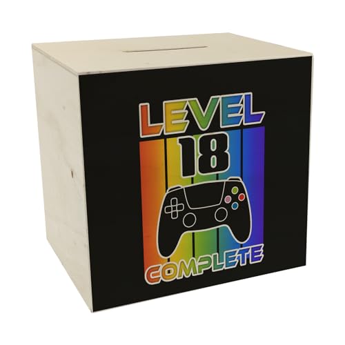 18. Geburtstag Gamer Spardose aus Holz mit Spruch Level 18 Complete Ideal für Zocker Volljährig Gaming-Ready Geburtstagsgeschenk Konsole Alkohol-Sparziel