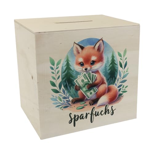 Babyfuchs Spardose aus Holz mit Spruch Sparfuchs niedliche Babyfuchs-Pfoten im Wald ideal für Geldscheine - perfekt zum Sparen