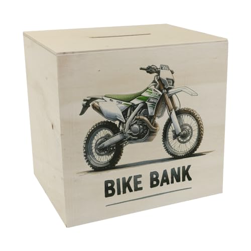 Enduro Motorrad Spardose aus Holz mit Spruch Bike Bank weiß hellgrün Offroad Maschine Perfekt für Fahrzeug-Liebhaber Text in coolem Design