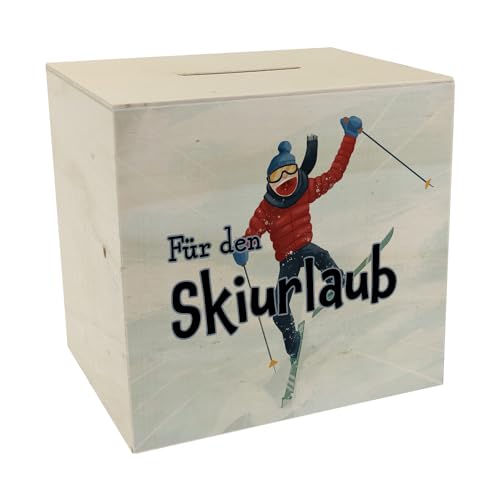 Spardose aus Holz mit lustigem Skifahrer-Motiv und Spruch - Für den Skiurlaub als lustiges Geschenk für Skifahrer die etwas Geld für den nächsten Skiurlaub oder die Liftkarte