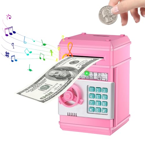 KBIBCK Elektronische Spardose Safe, Automatische Mini ATM Digitale Sparschwein Tresor Kinder, ATM Sparschwein Kinder, Geburtstag Weihnachten Geschenk für Mädchen Jungen (Rosa)