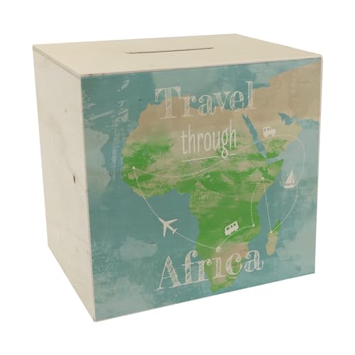 Spardose aus Holz mit Afrika Karte und Spruch - travel Through Afrika als Geschenk für Urlauber die durch Afrika Reisen wollen und Geld für den Flug und die Unterkunft brauchen