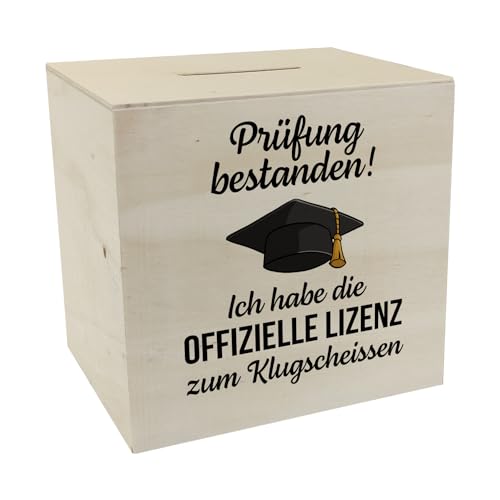 Prüfung bestanden Doktorhut Spardose aus Holz mit Spruch Lizenz zum Klugscheißen Abschlussgeschenk Klugscheißer Schlaumeier-Abi Schule TV Für Gäste