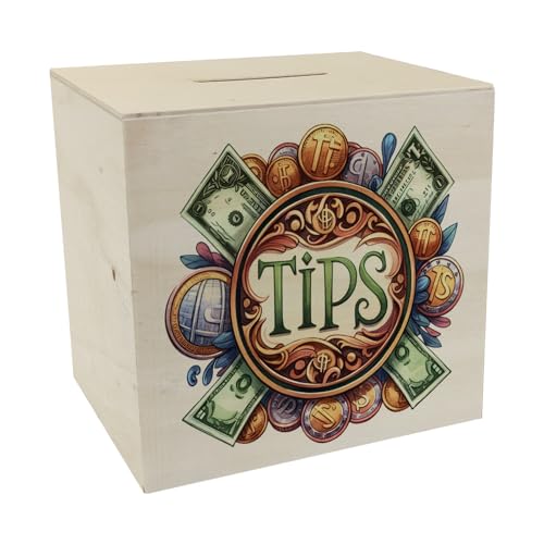 Trinkgeld Retro Spardose aus Holz mit Spruch Tips umgeben von Geldscheinen und Münzen Text Tip Ideal für Bargeld und Trinkgeld im Cafe