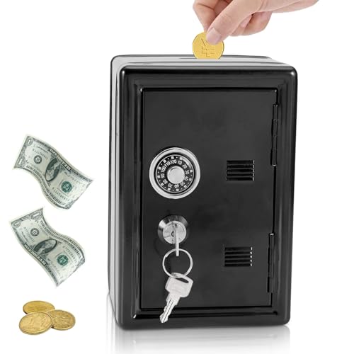 Spardose Tresor, Sparbox Spardose Mit Schlüssel, Tresor Kinder Mini Tresor, Geldkassette Zahlenschloss,Safe Sparschwein Sparbüchse, Münzeinwurf 18 X 12 X 10 cm Schwarz