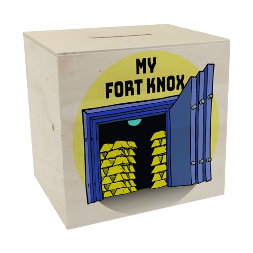 My Fort Knox Spardose aus Holz mit Tresor und Goldbarren Motiv schöne Sparbüchse als Geschenk für Sparfüchse die Fort Knox mögen und Ihr Geld in einem Sparschwein sparen wollen