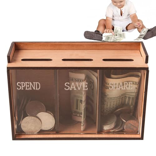 Holzgeldsparkasten-Multizektion Bank mit abnehmbarem Deckel, 3-Kompartimentmünze und Bill Organizer für Familiennutzung, ideal für Kinder und Erwachsene, um Geld zu sparen und zu organisieren