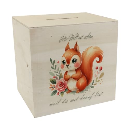 Eichhörnchen Spardose aus Holz mit Spruch Die Welt ist schön durch Dich Niedliche Eichhörnchen Spardose aus Holz Süßes Flauschiges Tier Kleiner Nager Säugetier