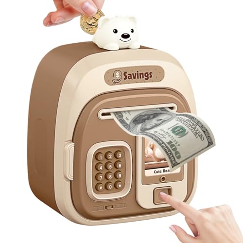 Musik Spardose Kinder 3-12 Jahre, Elektronische Tresor Spardose mit Touchscreen und Fingerabdruck, Sparbox Sparschwein Tresor Geschenke für Mädchen Jungen, Braun