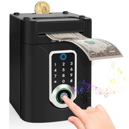 Highttoy Spardose Kinder, Elektronische Spardose Tresor mit Touchscreen und Fingerabdruck, Geldautomat Sparbox Sparschwein Kinder Geschenk Jungen Mädchen 3-12 Jahre, Schwarz