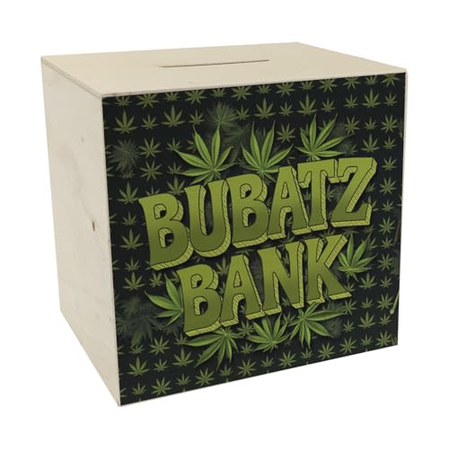 Bubatz Bank Spardose aus Holz für Kiffer Lustige Sparbüchse mit Spruch für Bubatz-Fans um für Dein Gras zu sparen