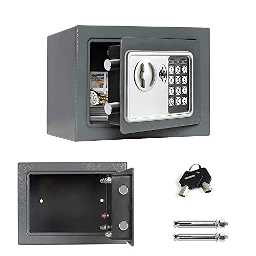Elektronischer Safe mit 2 Schlüssel, 4,6L Klein Tresor für Zuhause, Doppelbolzen Verriegelung, Feuerfester und Wasserdichter Dokumentensafe, 23x17x17cm, Grau