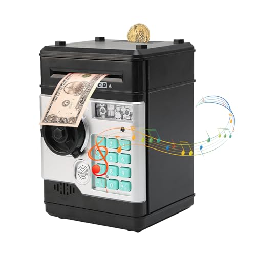 Gevvnss Kinder Tresor Elektronische Piggy Bank,Mini ATM Spardose mit Code und Fingerabdruck Unlocking Simulation,Automatischem Geldeinzug und realistischen Soundeffekten,Schwarz und Silber