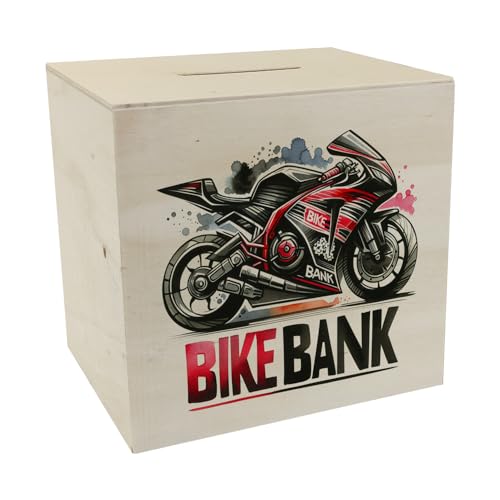 Rennmotorrad Spardose aus Holz mit Spruch Bike Bank Sportlich Renn Motorrad Spardose aus Holz in Schwarz-Rot Schnell Geschwindigkeit und Stil in einem