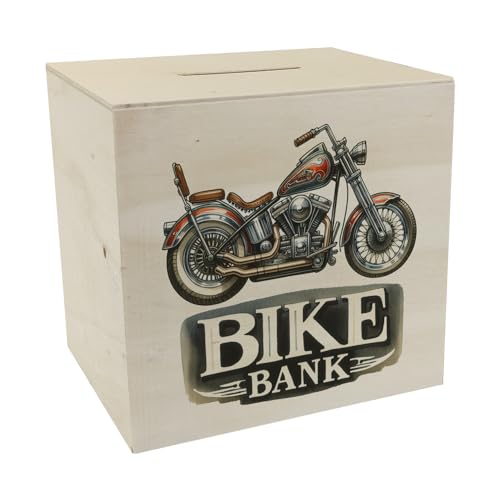 Retro Chopper Motorrad Spardose aus Holz mit Spruch Bike Bank mit Chrom-Elementen stilvoll lackiert mit Schriftzug - perfekte Motorrad Spardose aus Holz für Fans