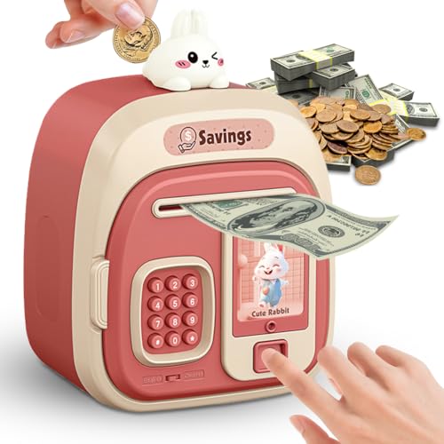 Elektronische Spardose Kinder Mädchen Jungen, Tresor Kinder Piggy Bank Mit Fingerabdruck, Elektronische Tresor Spardose Mit Musik, ATM Elektronische Münze Geldbank Spardosen (Rose)