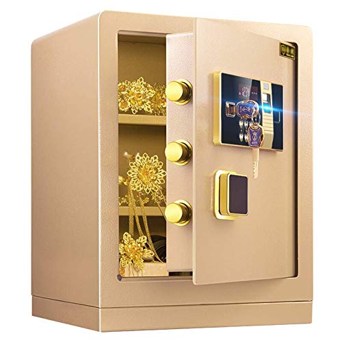 Security Safe Box, Tresor für Zuhause feuerfest mit Zahlenschloss, Zahlenschloss mit Fingerscan-Modul, 39 x 33 x 50 cm, Sicherheitsschrank, für Wertsachen und Dokumente, Gold