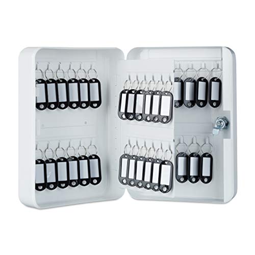 Relaxdays Metal Cabinet, Lockable, Hooks with Key Tags, HWD 25x18x7.5 cm, White Schlüsselkasten Metall, abschließbar, 48 Haken, Schlüsselschrank inkl. Schlüsselanhänger, 25x18x7,5cm, weiß, Eisen